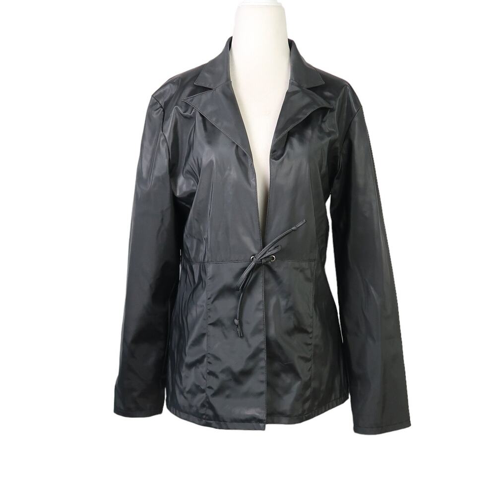 Vintage 90s Rave black faux leather tie front blazer jacket M